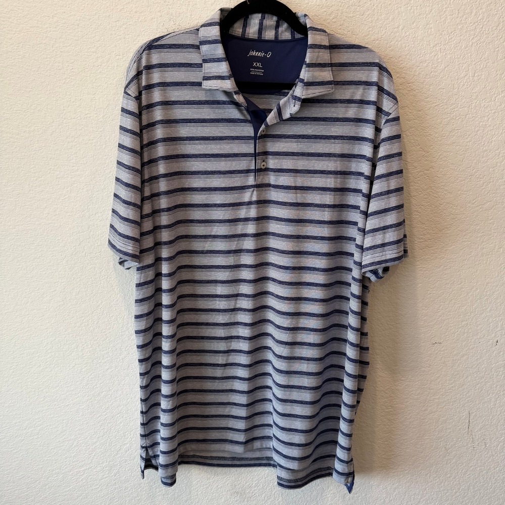 Johnnie-O Mens XXL Performance Polo Shirt Navy Blue White Striped Golf Top